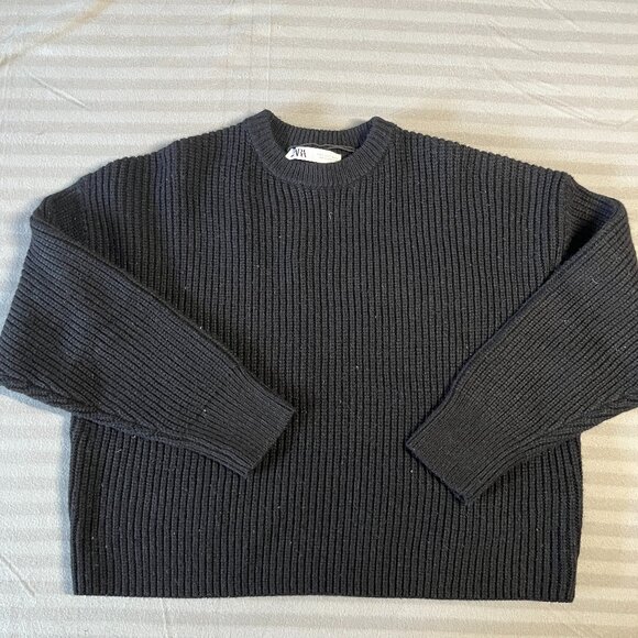 ZARA Sweater Womens Small Black Cropped Oversized Crewneck - Picture 1 of 6